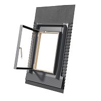 Окно-выход на крышу для неотапл. помещений дерево, лак ручка снизу Rooflite+ FE K300U с окладом, гидроизоляцией и ограничителем 45*73см